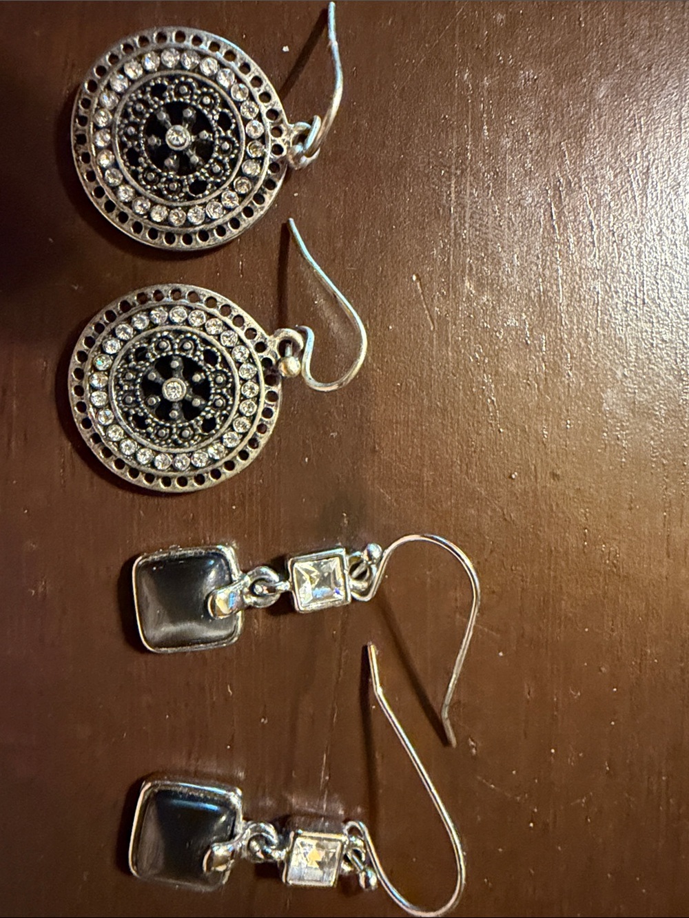 Silver Tone Rhinestone Drop Earrings Lot 2 Pairs